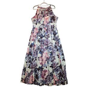 R& M Richards Floral Womens 16 Maxi Dress Full Skirt Iridescent Threads Elegant